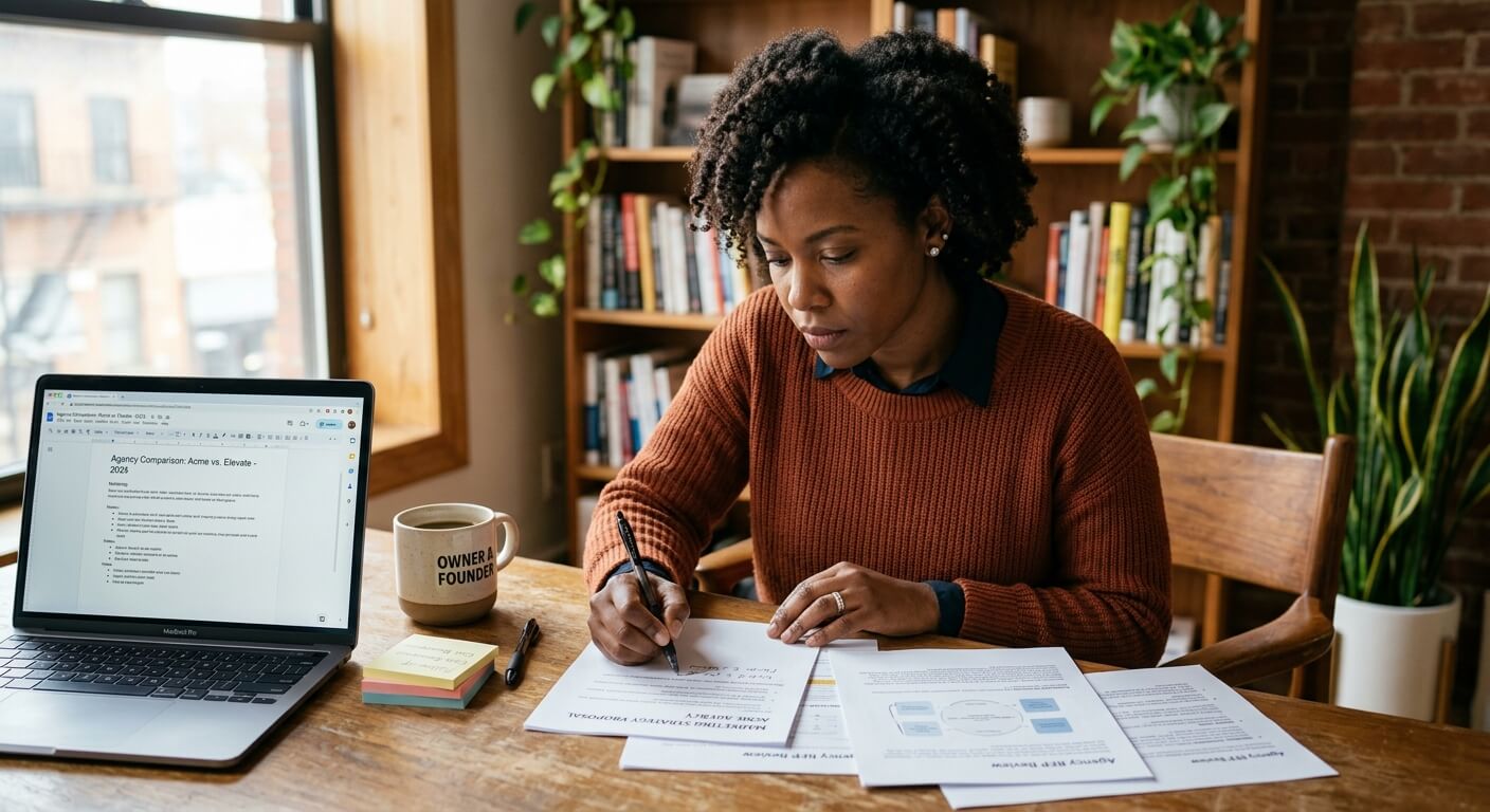 Small business owner reviewing AI automation agency proposals at a desk