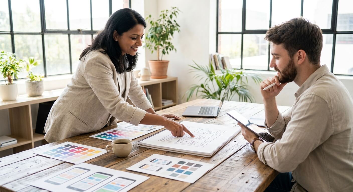 Small business owner and designer reviewing website wireframes and design concepts together