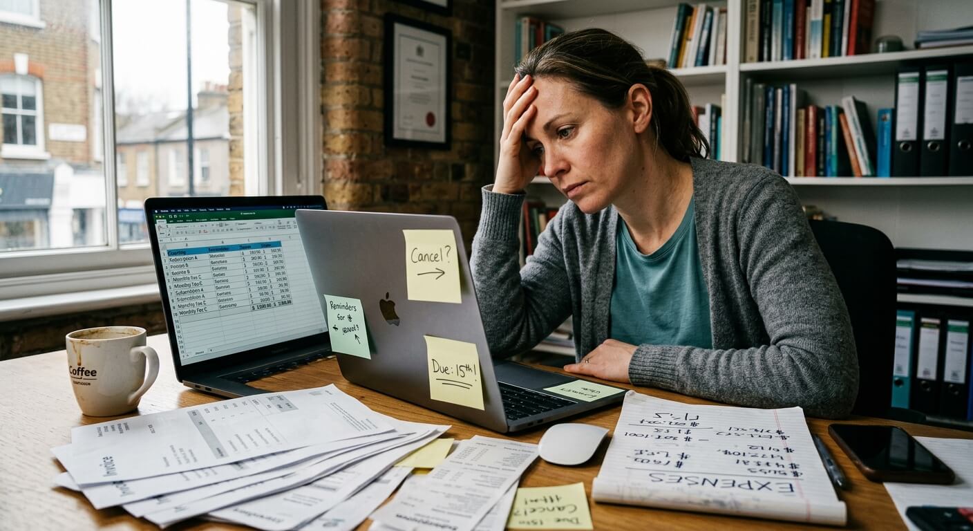 Small business owner frustrated by too many software subscription invoices on desk