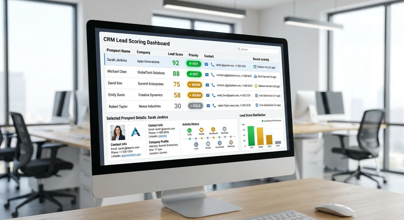 Professional sales dashboard showing lead scoring interface with prospect rankings