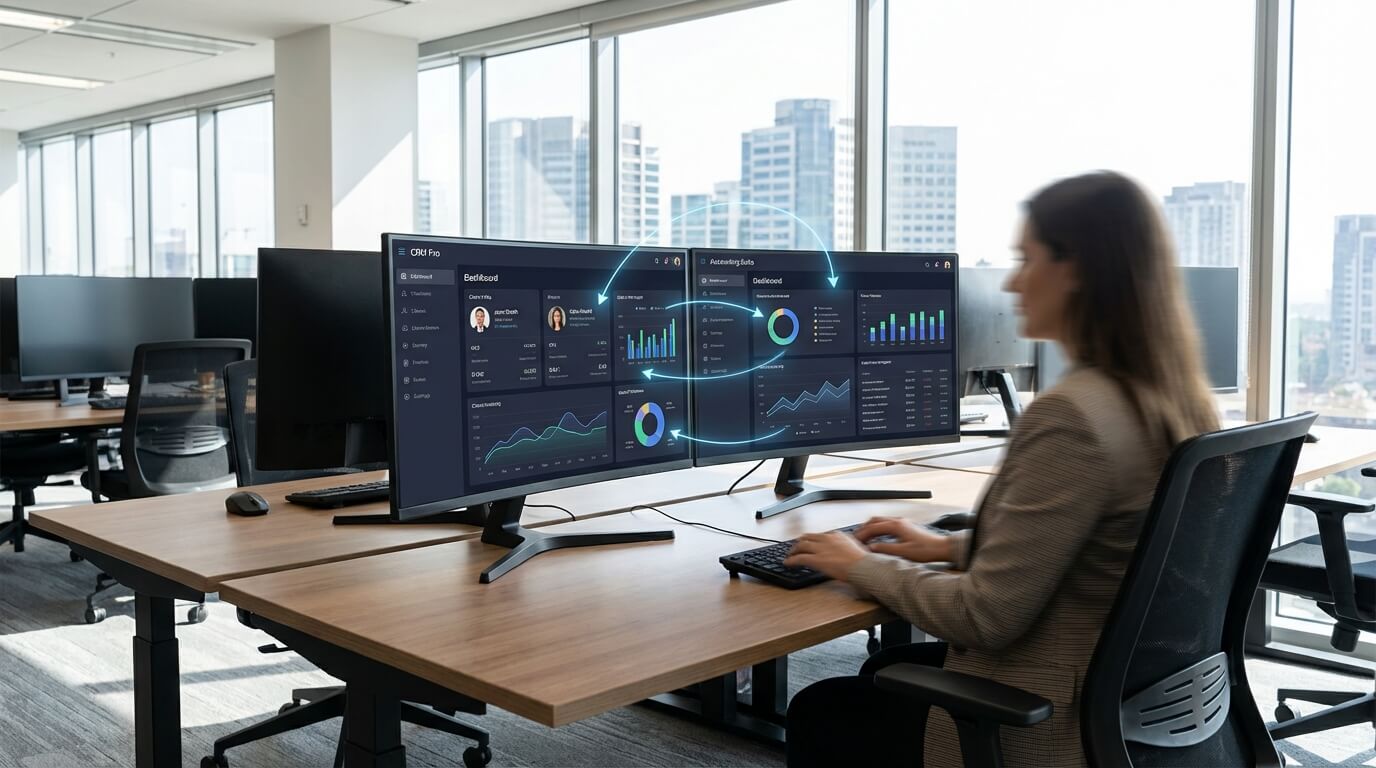Modern office showing CRM and accounting system integration workflow