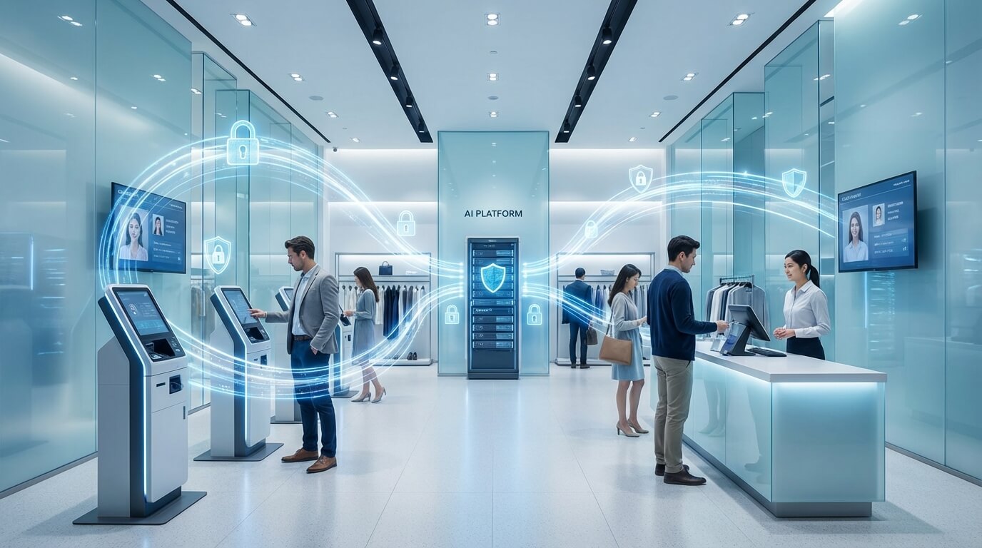Secure digital retail data flowing through protected AI systems with encryption