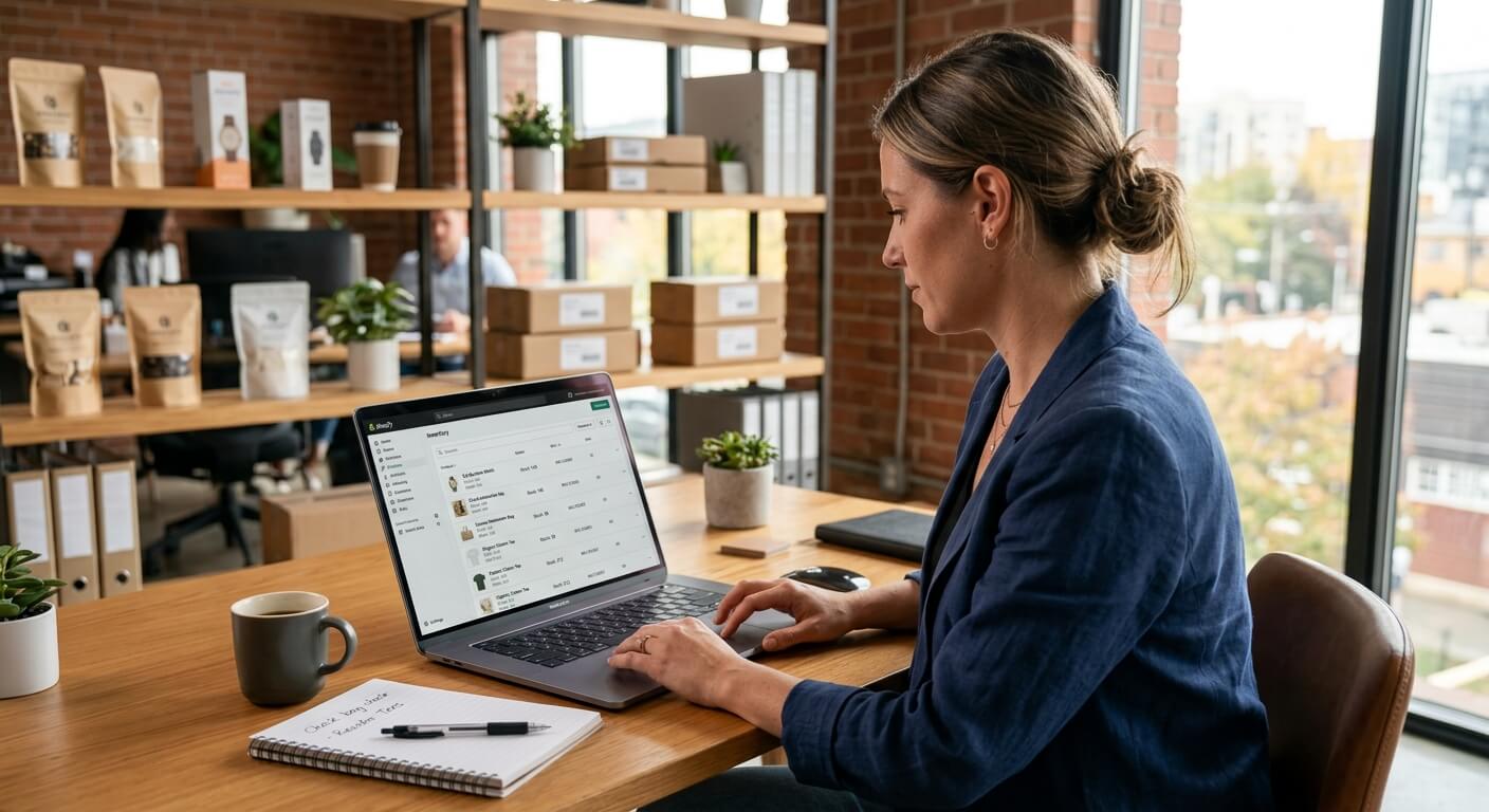 Business owner reviewing real-time Shopify inventory levels on laptop screen