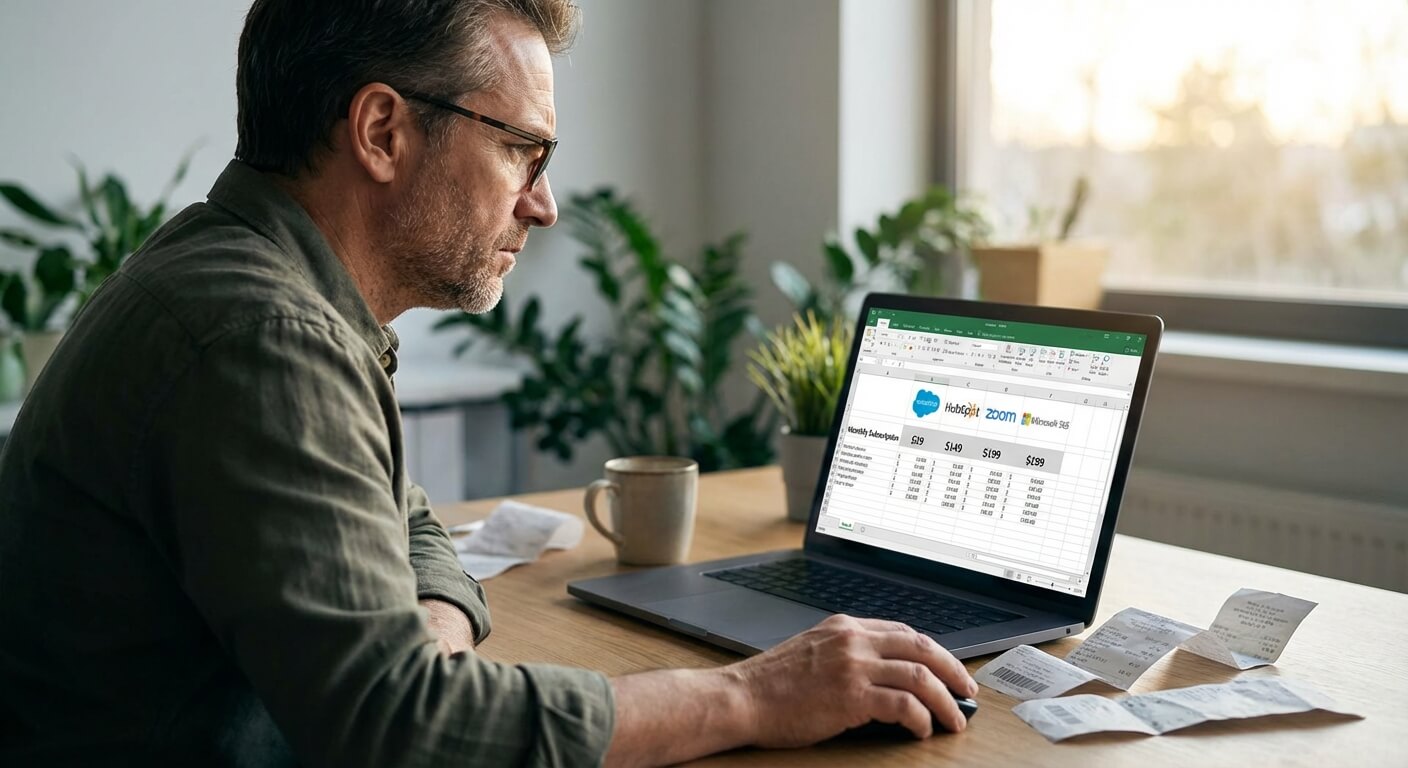 Business owner reviewing multiple SaaS subscription invoices and costs on laptop screen
