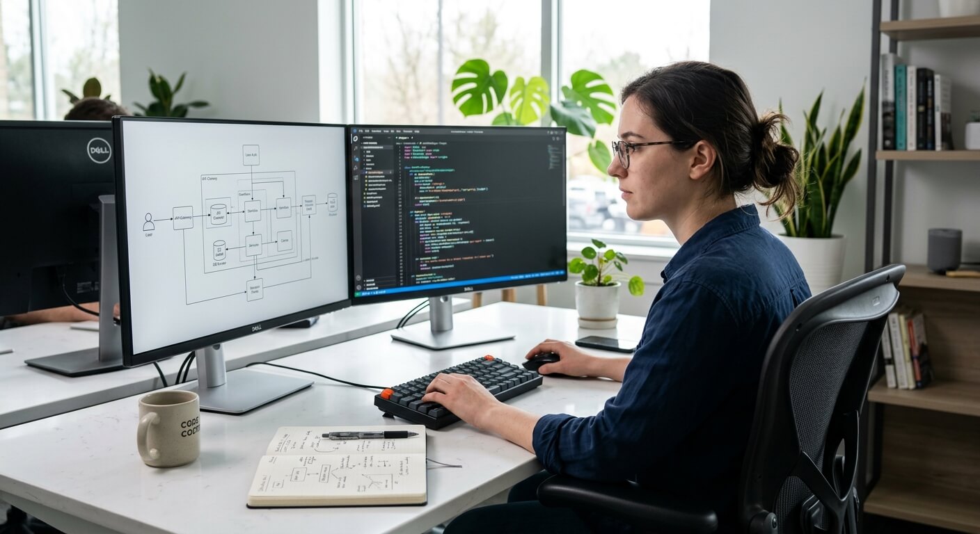 Software developer analysing workflow automation code on dual monitors in modern office