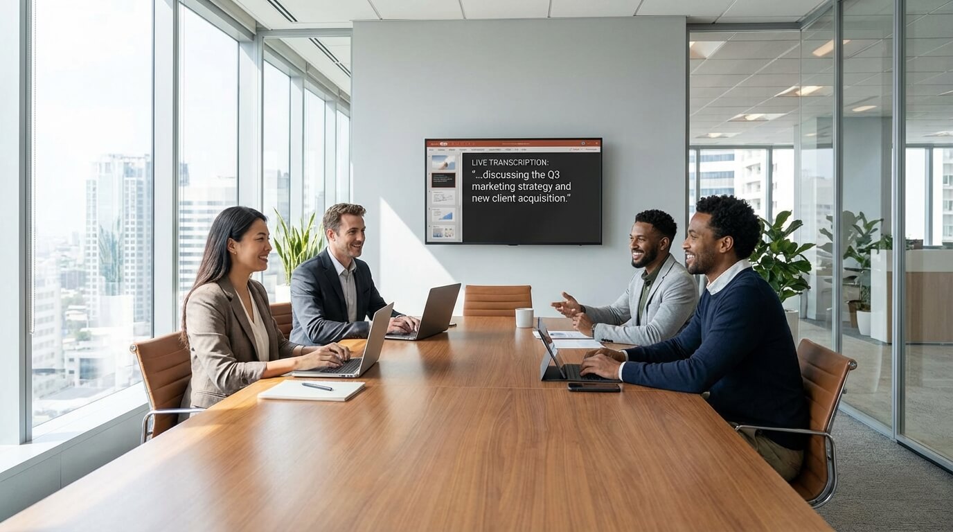 Small business team in modern meeting room with AI transcription technology