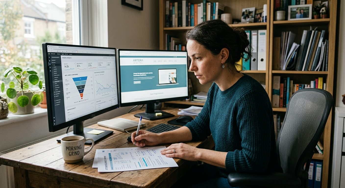 Small business owner analysing website conversion data on dual monitors