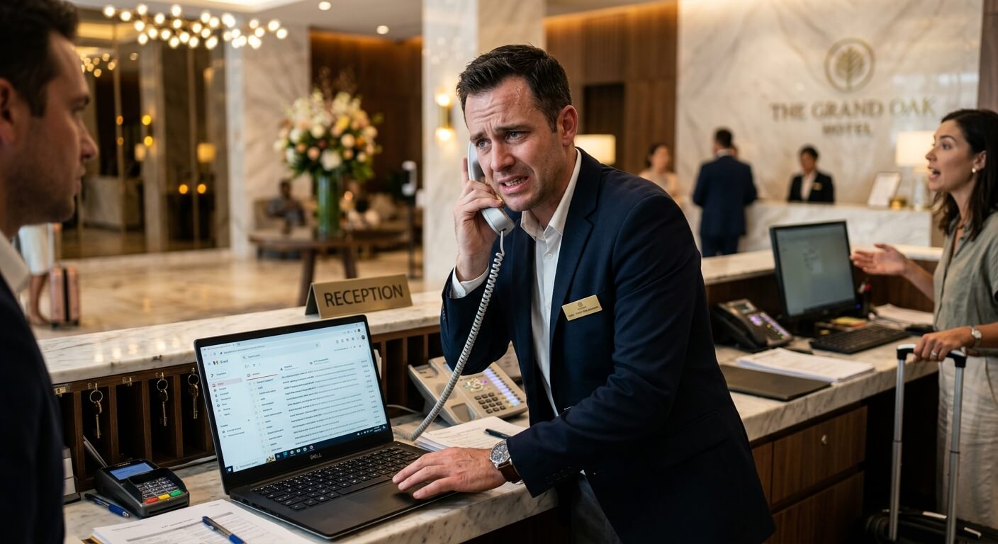 Hotel manager overwhelmed by email inbox and multiple hospitality tasks