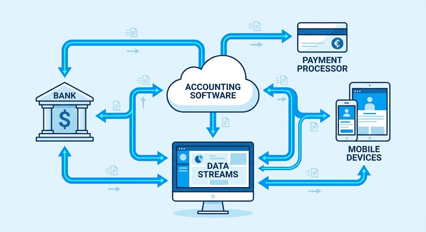 Connected financial systems diagram showing automated data flow between banking and accounting