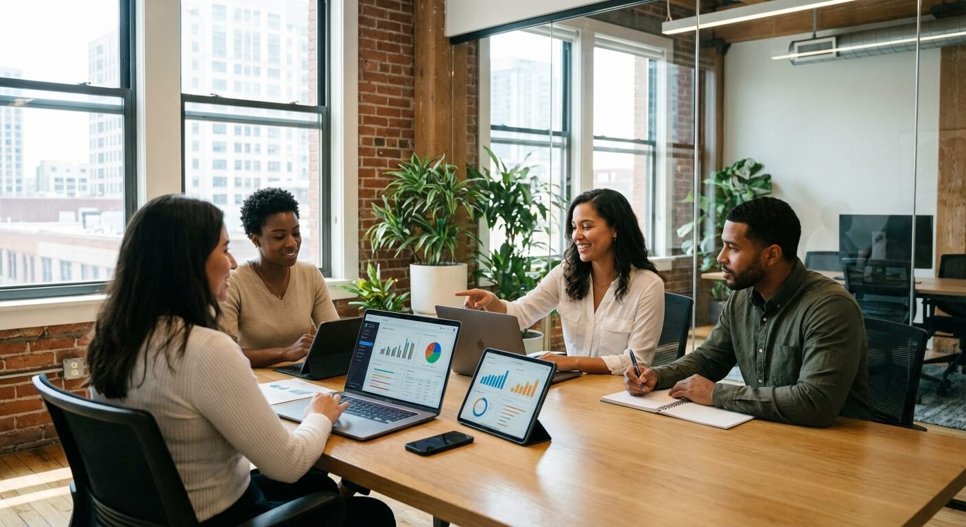 Team members collaborating over automated financial reports in bright office setting