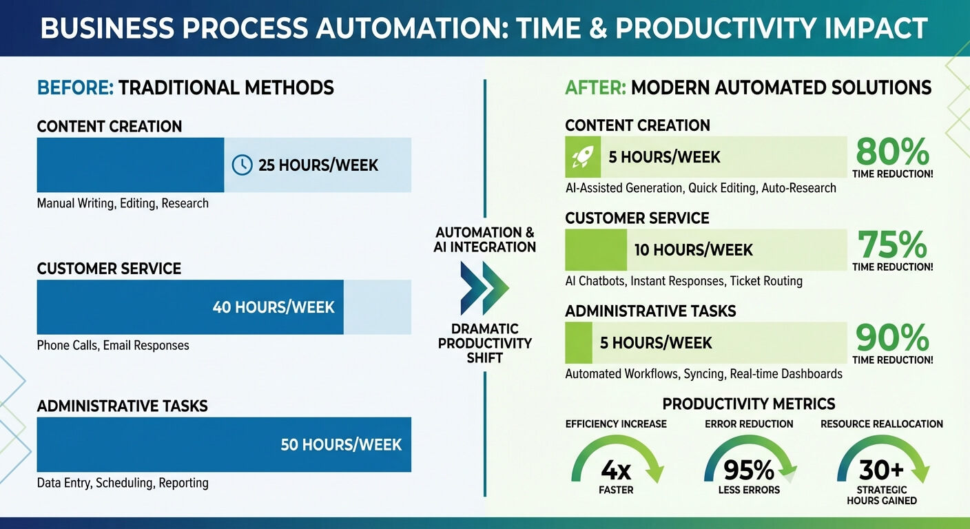 Infographic comparing weekly hours spent on content creation, customer service and administrative tasks before and after automation