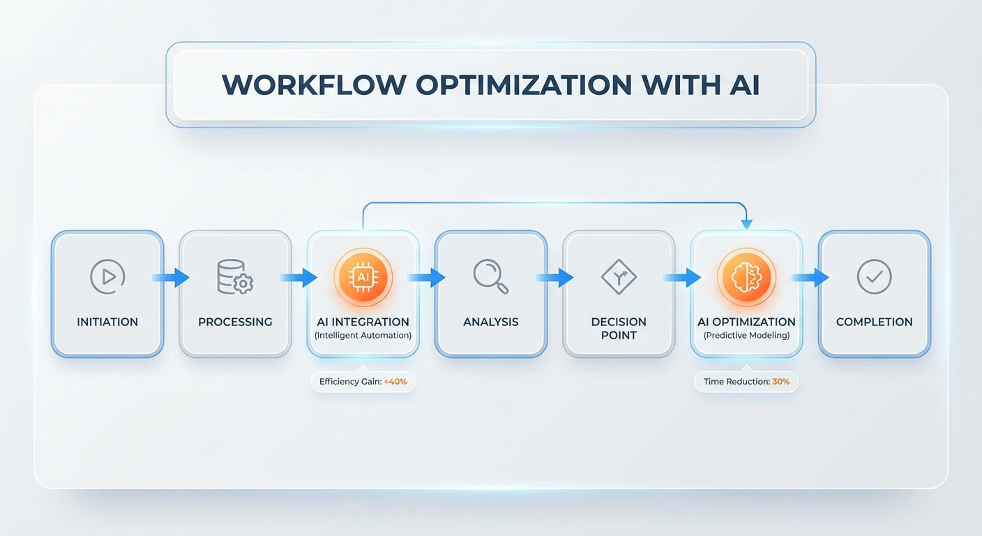 Diagram titled Workflow Optimisation with AI, showing a process flow from initiation through processing, AI integration, analysis, a decision point, AI optimisation and completion