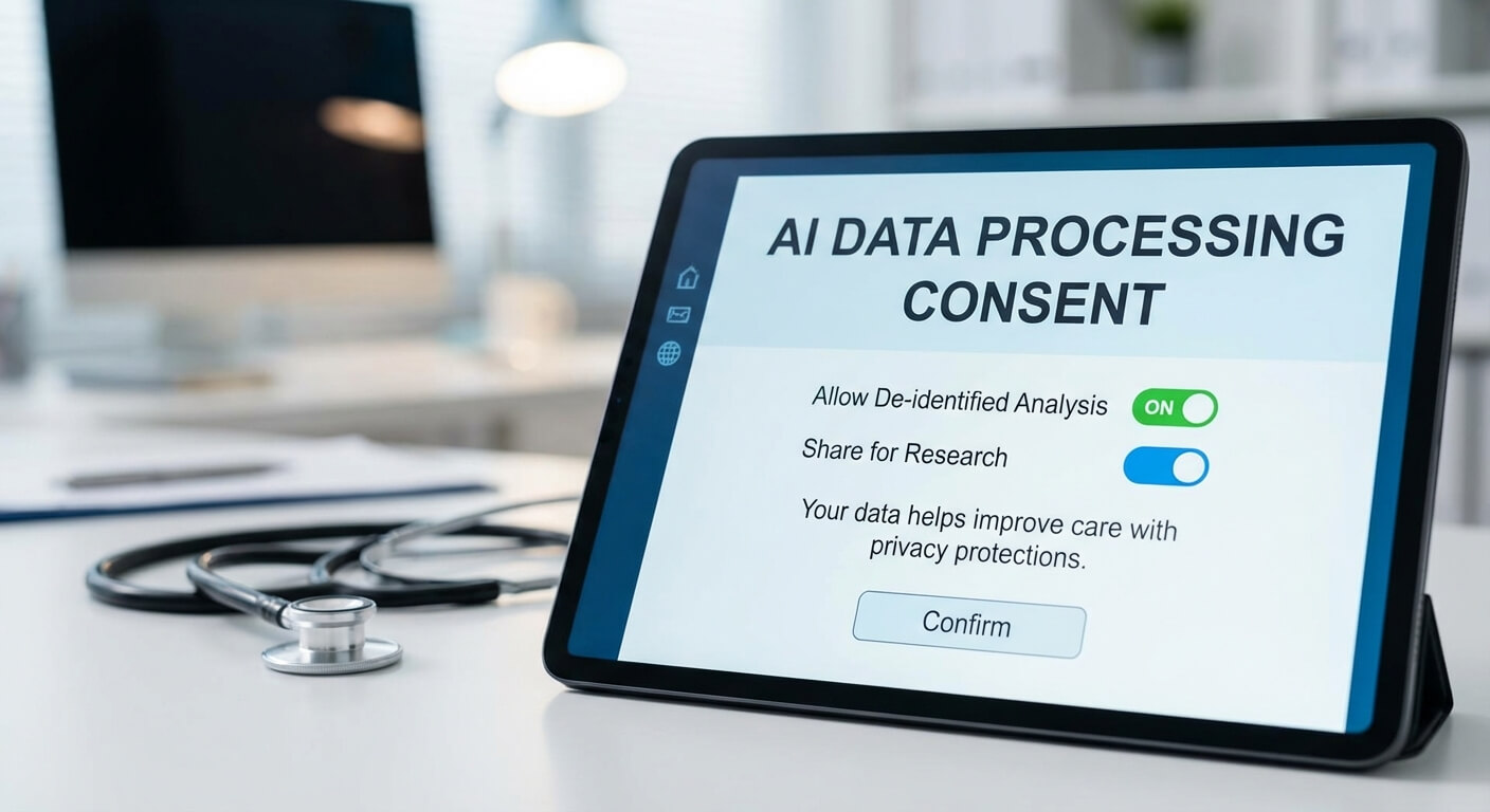Digital patient consent interface showing AI processing options