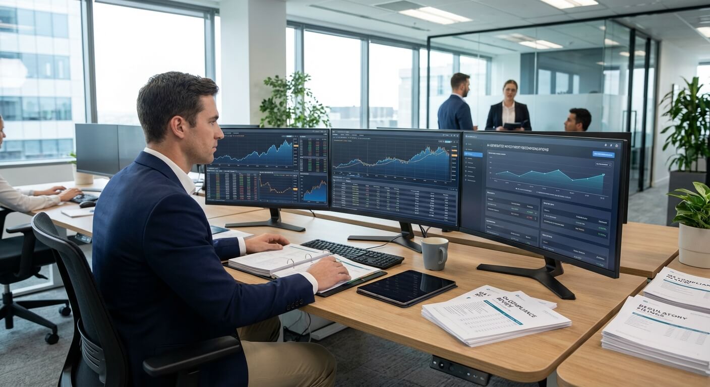 Financial services employee reviewing market data across multiple monitors at a desk, with GDPR compliance and regulatory filing documents nearby