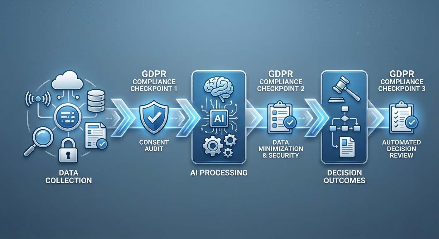 Diagram of a GDPR-compliant AI data pipeline showing data collection, AI processing and decision outcomes with compliance checkpoints for consent audit, data minimisation and automated decision review