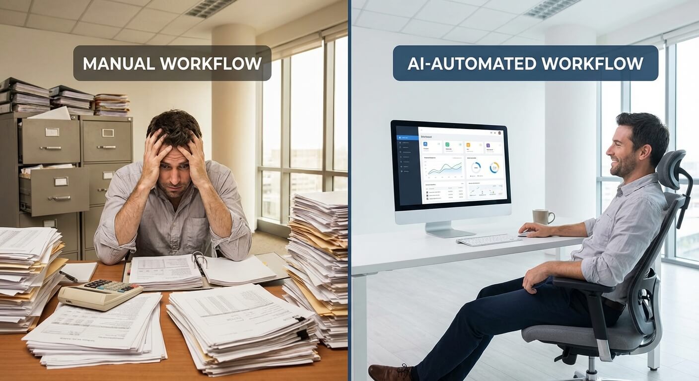 Before and after workflow comparison showing manual vs automated processes