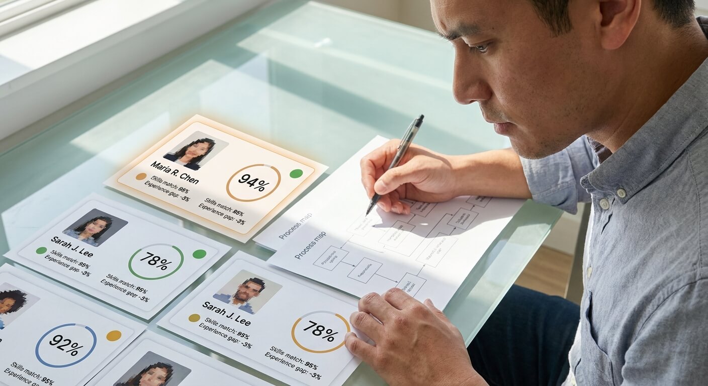 Recruitment dashboard screenshot showing ranked candidates with AI match scores and explanations