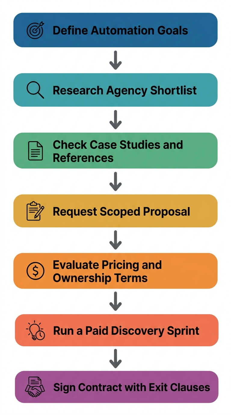 Flow diagram of the seven steps for selecting an AI automation agency, from defining goals to signing a contract with exit clauses