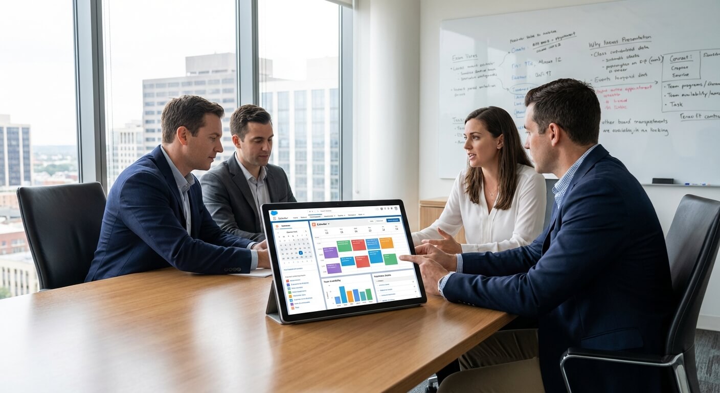 Four colleagues in a meeting room looking at a tablet showing a calendar and charts, with a whiteboard behind them