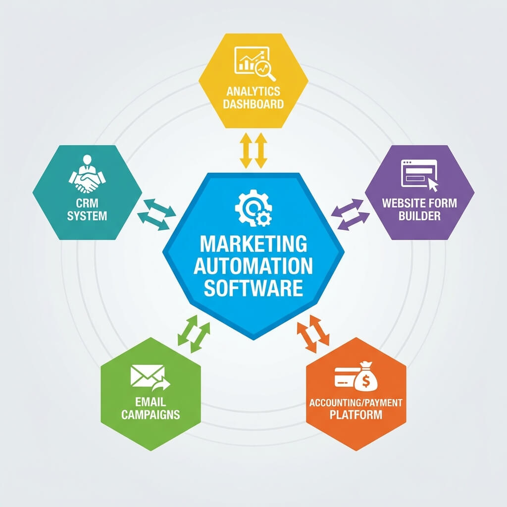 Diagram showing marketing automation software connected to a CRM system, email campaigns, an analytics dashboard, a website form builder and an accounting or payment platform