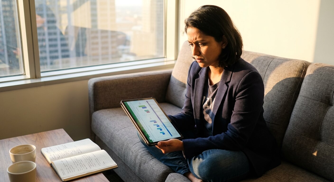 Woman reviewing a project timeline on a tablet while sitting on a sofa with an open notebook nearby