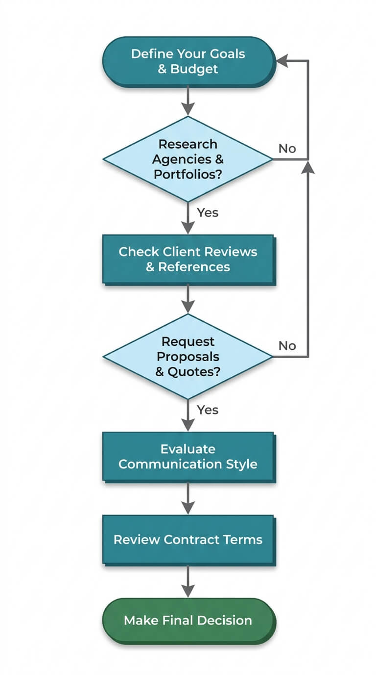 Flowchart showing the decision process for choosing a web design agency, from defining goals and budget through research, reviews, proposals and communication style to a final decision