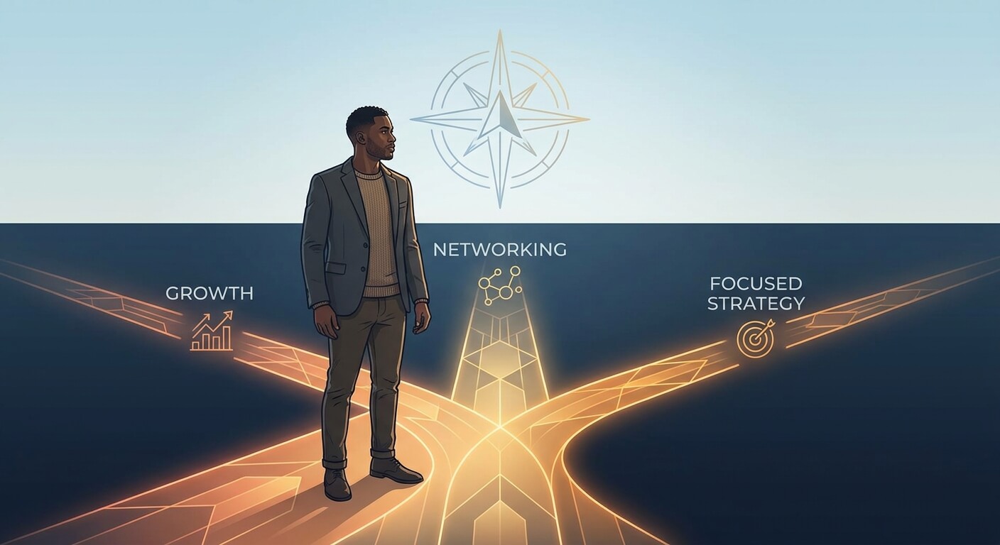 Illustration of a person at a crossroads with paths labelled growth, networking and focused strategy