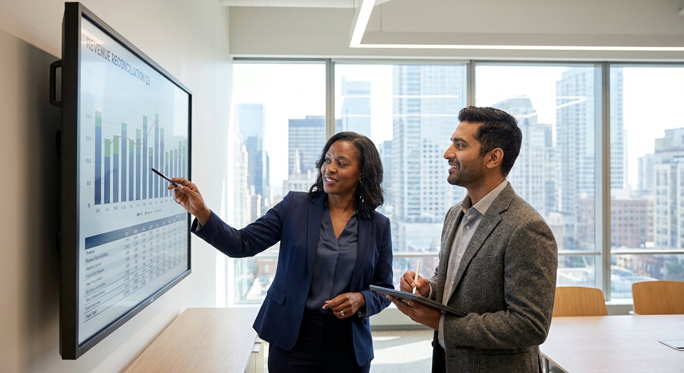 Two colleagues in a meeting room pointing at a wall screen showing a Q3 revenue reconciliation bar chart and data table