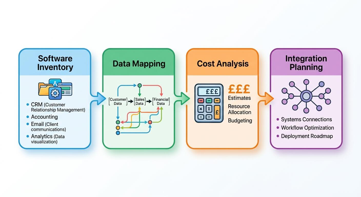 Four-stage diagram of a tech stack audit: software inventory, data mapping, cost analysis and integration planning