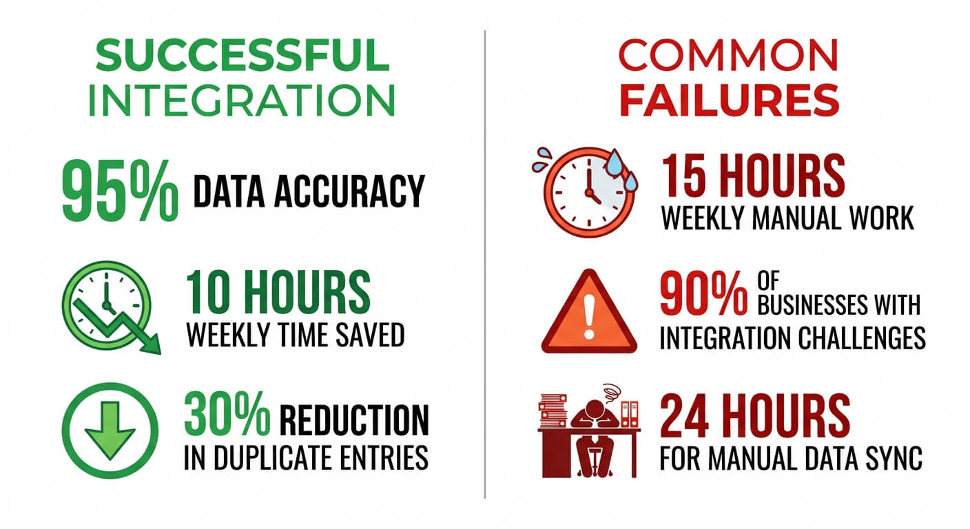 Infographic contrasting the outcomes of successful integration, including data accuracy and time saved, against the outcomes of common integration failures, including weekly manual work and time lost to manual data sync
