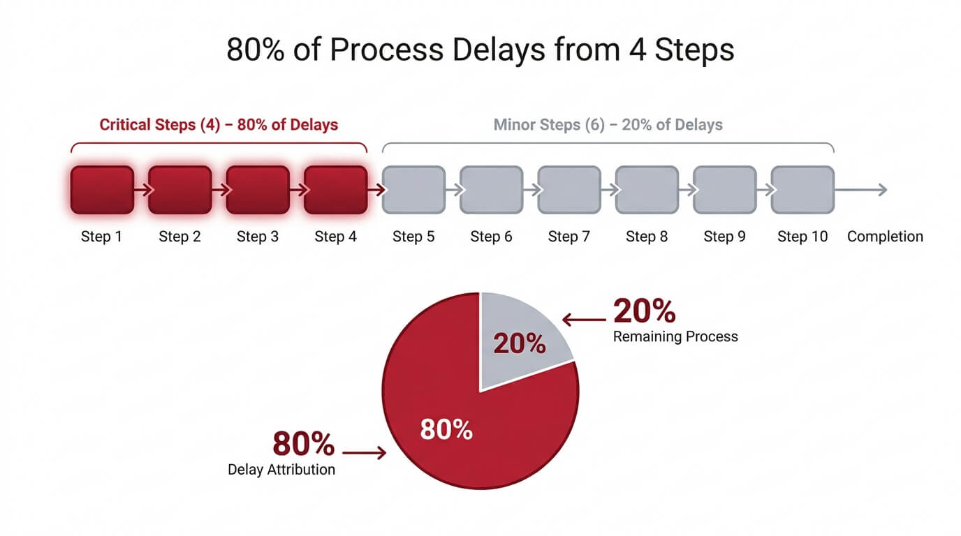 Diagram showing that four critical steps out of ten cause most process delays, illustrated with a step sequence and a pie chart split between critical and minor steps