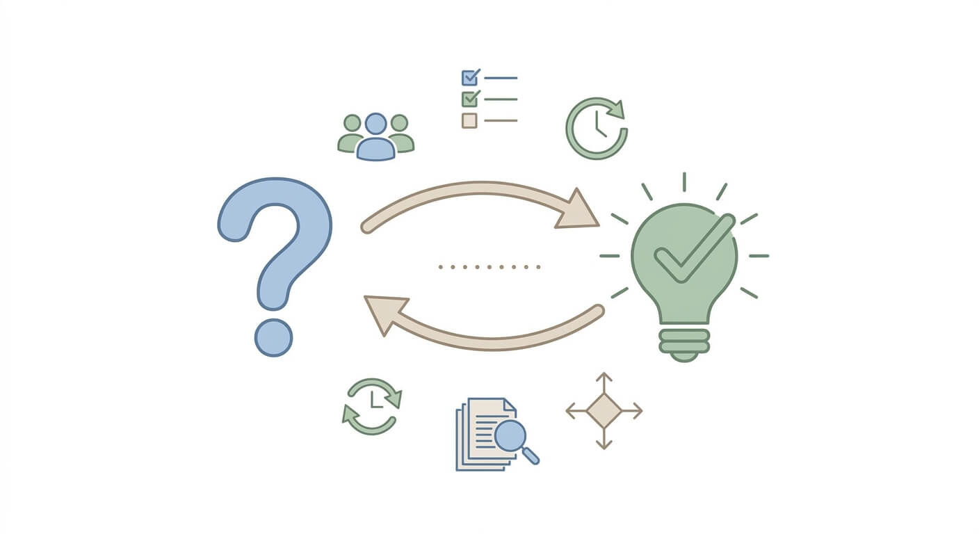 Icon illustration of a question mark and a lightbulb with a checkmark connected by two curved arrows, surrounded by icons for a checklist, a team, a clock, a magnifying glass over documents and an expand icon