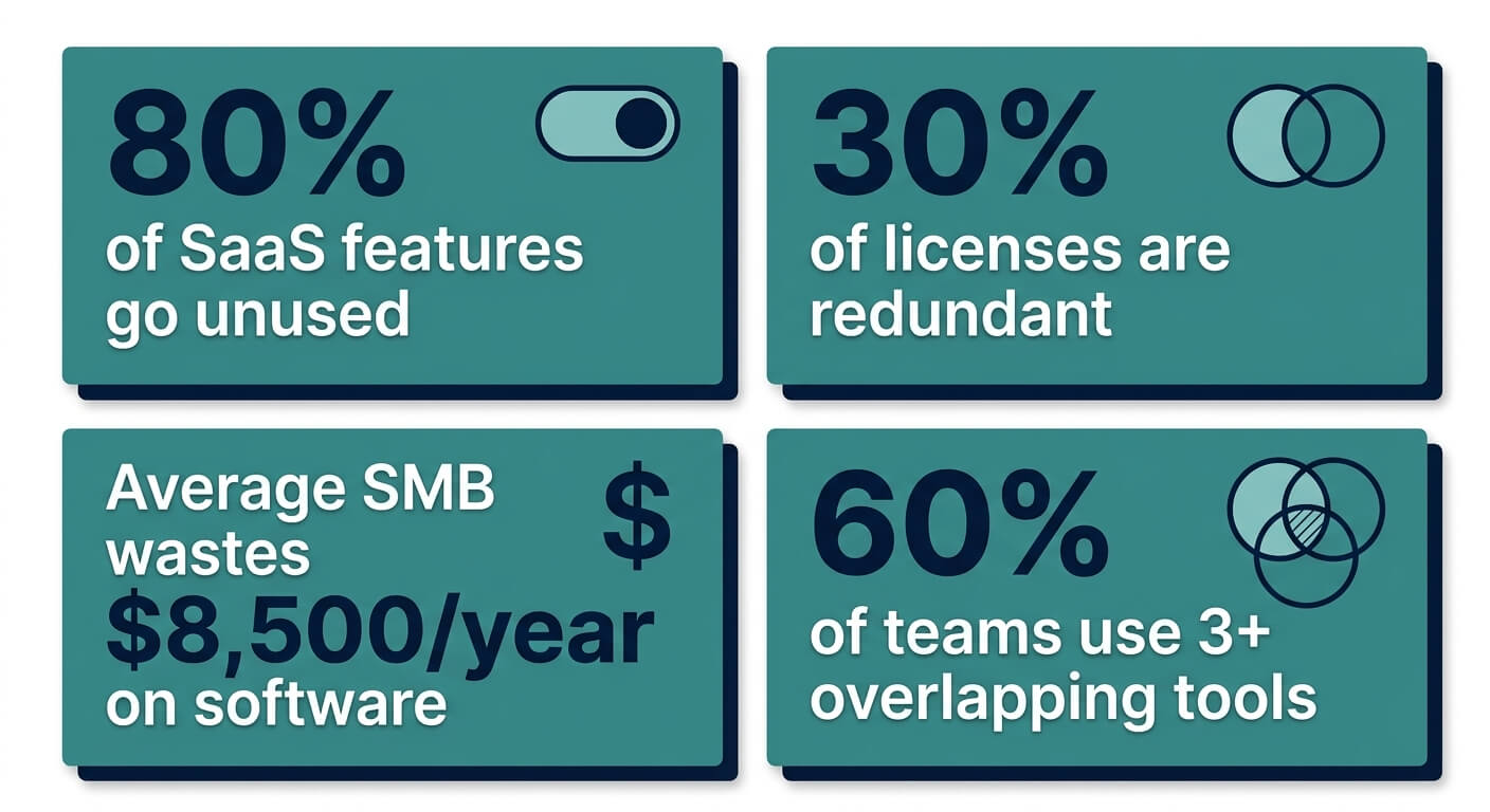 Four stat tiles showing that most SaaS features go unused, a large share of licenses are redundant, teams use overlapping tools, and the average SMB overspends on software each year