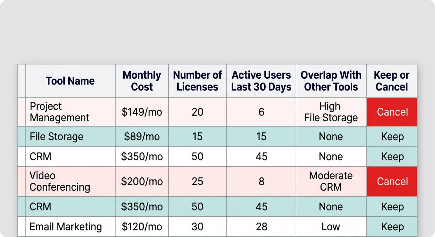 Spreadsheet table listing tools by monthly cost, number of licenses, active users and overlap with other tools, with a keep or cancel decision for each