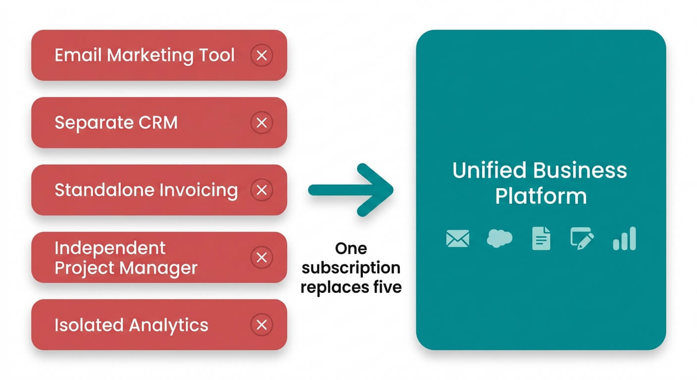 Diagram showing five standalone tools, including email marketing, CRM and invoicing, replaced by a single unified business platform