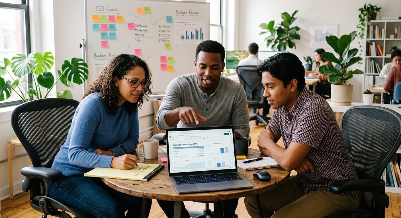 Three colleagues reviewing a laptop showing subscription costs, with a budget review whiteboard behind them