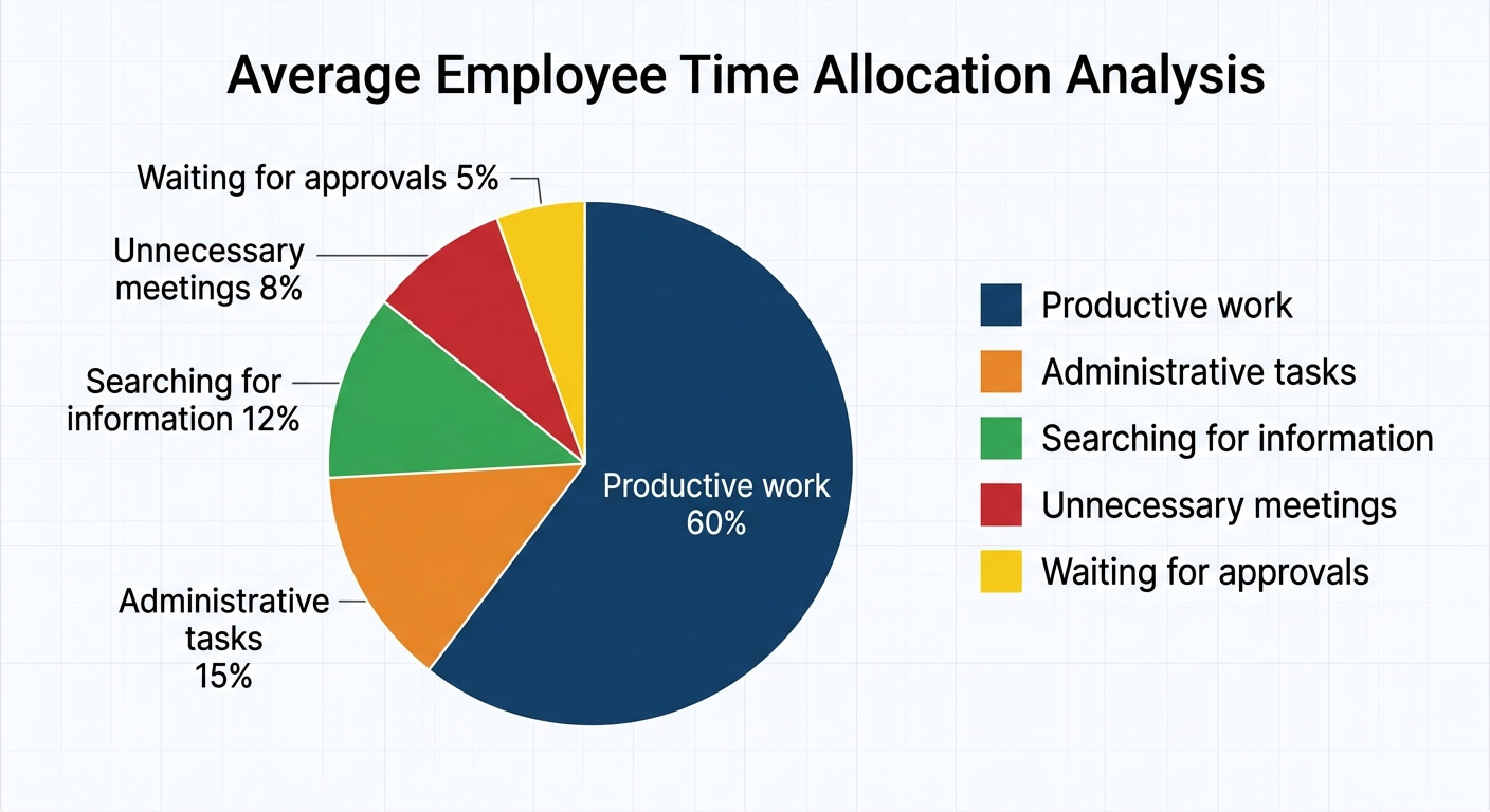 Pie chart of average employee time allocation: 60% productive work, 15% administrative tasks, 12% searching for information, 8% unnecessary meetings and 5% waiting for approvals