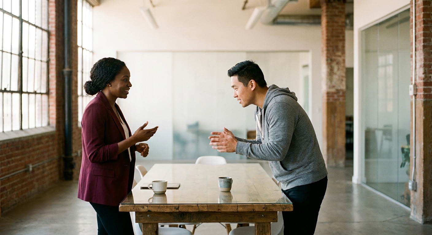 Two colleagues discussing an automation migration plan in an open-plan office