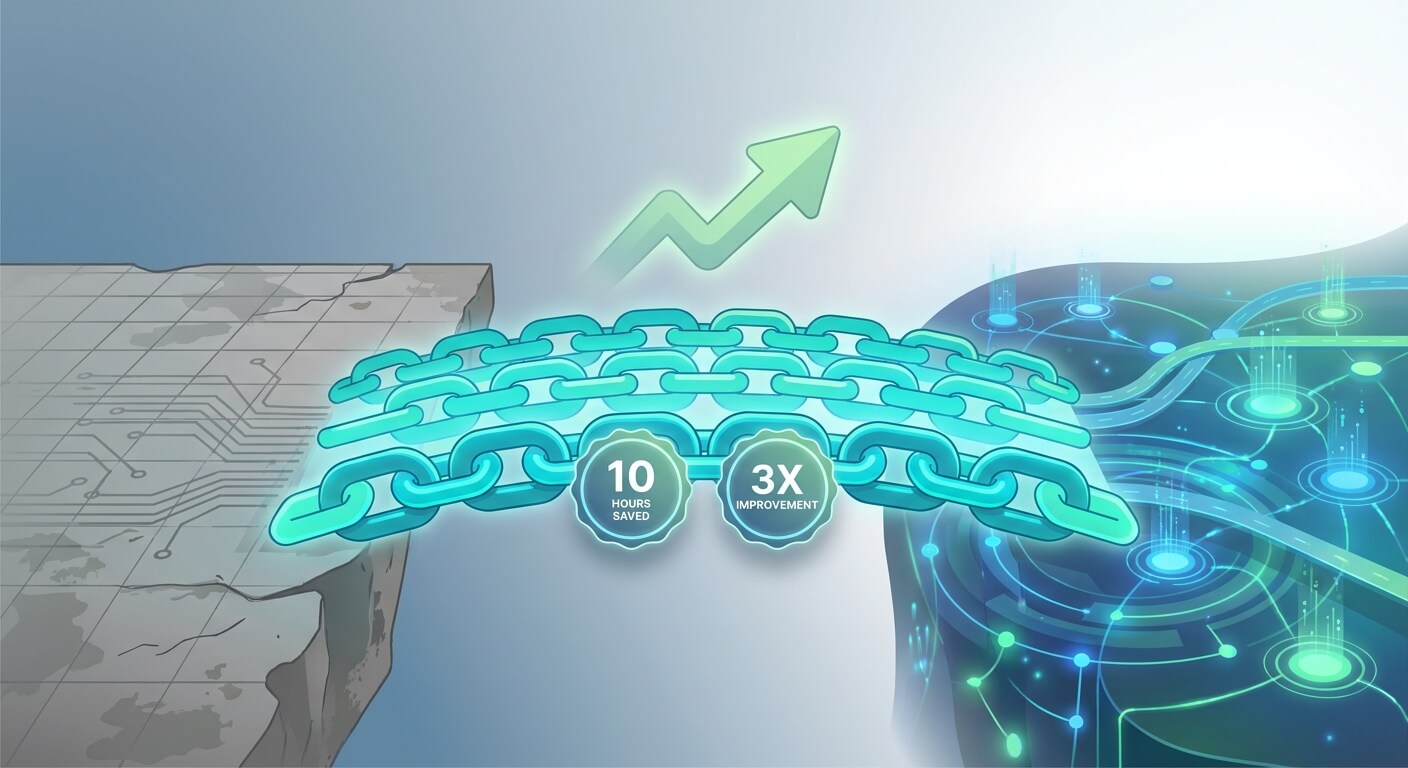 Abstract visual metaphor showing a migration bridge from an old platform to a new automated workflow system