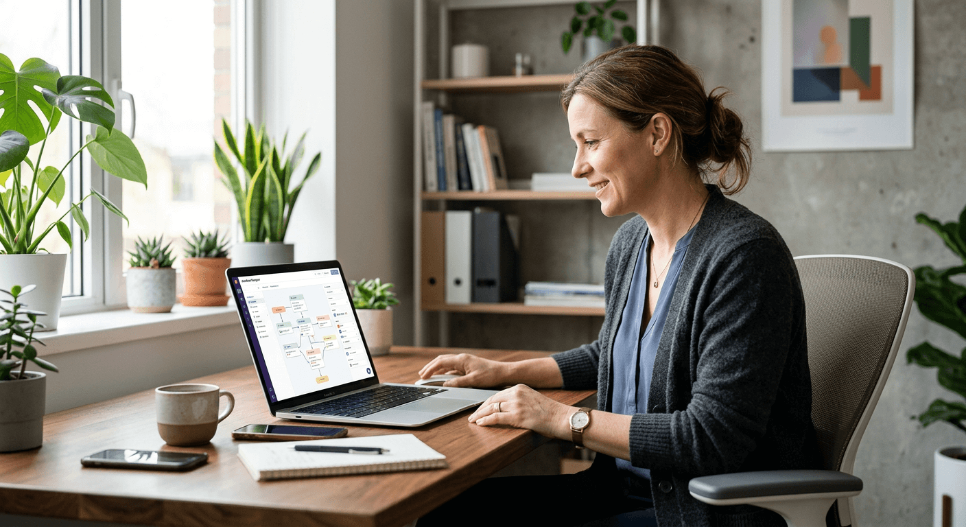 Woman working at a desk with plants and a bookshelf, using a laptop that displays a flowchart-style automation builder