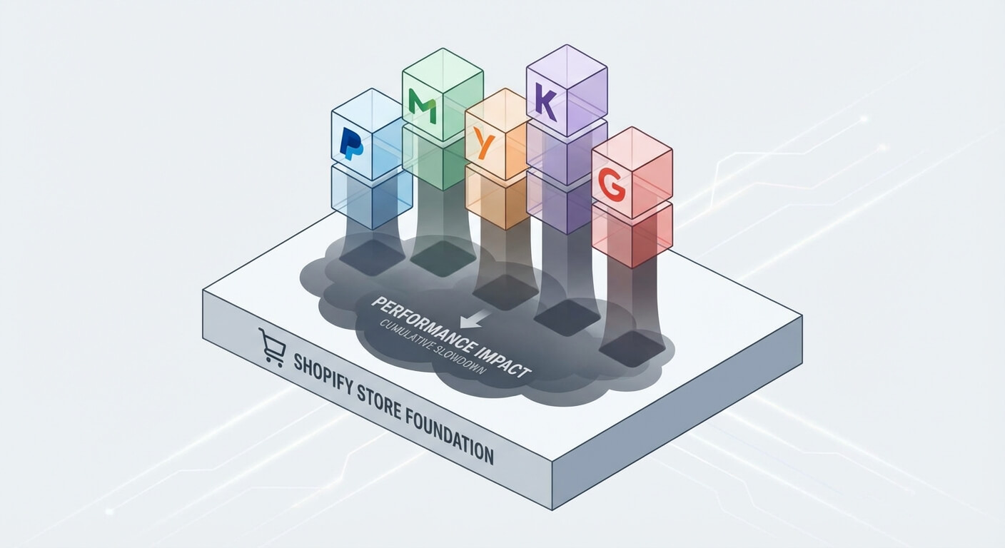 Illustration of five app blocks stacked on a Shopify store foundation, each casting a shadow labelled as cumulative performance impact