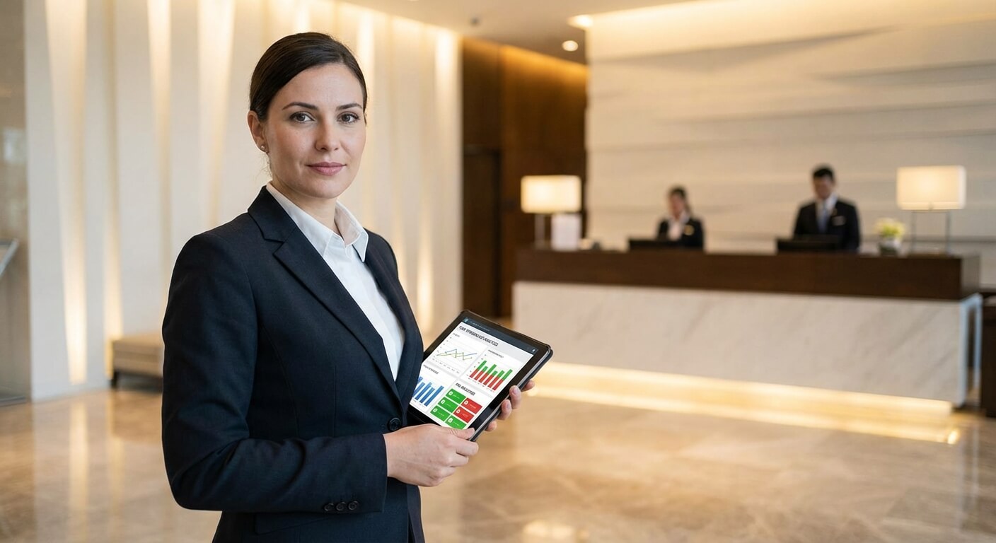 Hotel manager reviewing staff performance data and retention analytics
