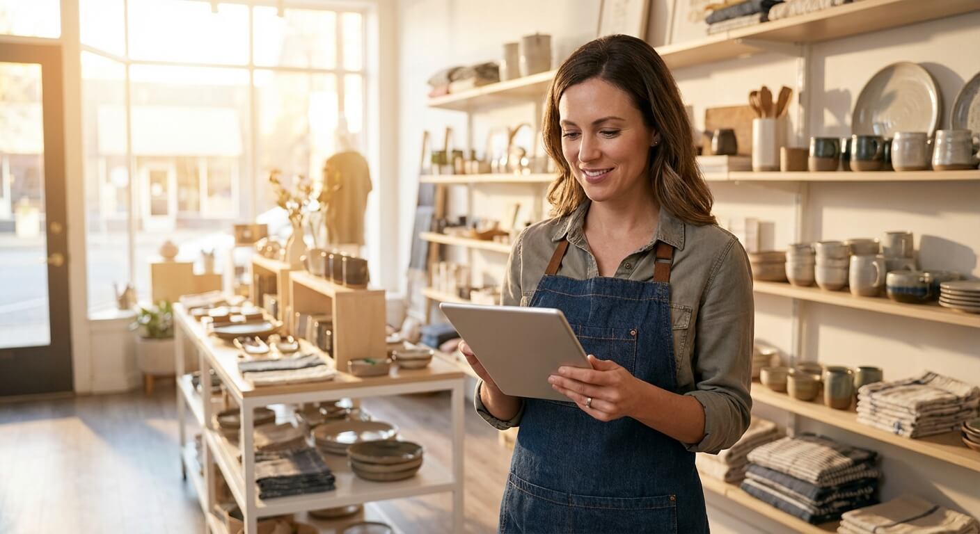 Small retail store owner smiling while checking a tablet among shelves of stock