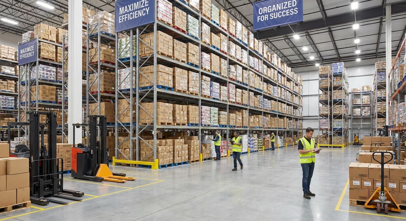 Warehouse aisles of organised stock with banners reading maximise efficiency and organised for success, with staff checking inventory