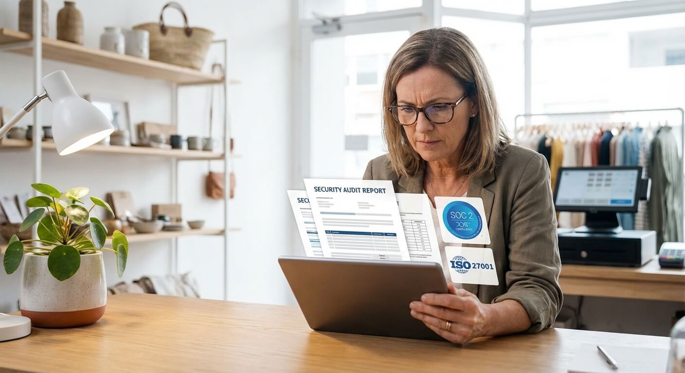 Small retailer evaluating AI vendor security certificates and compliance documentation