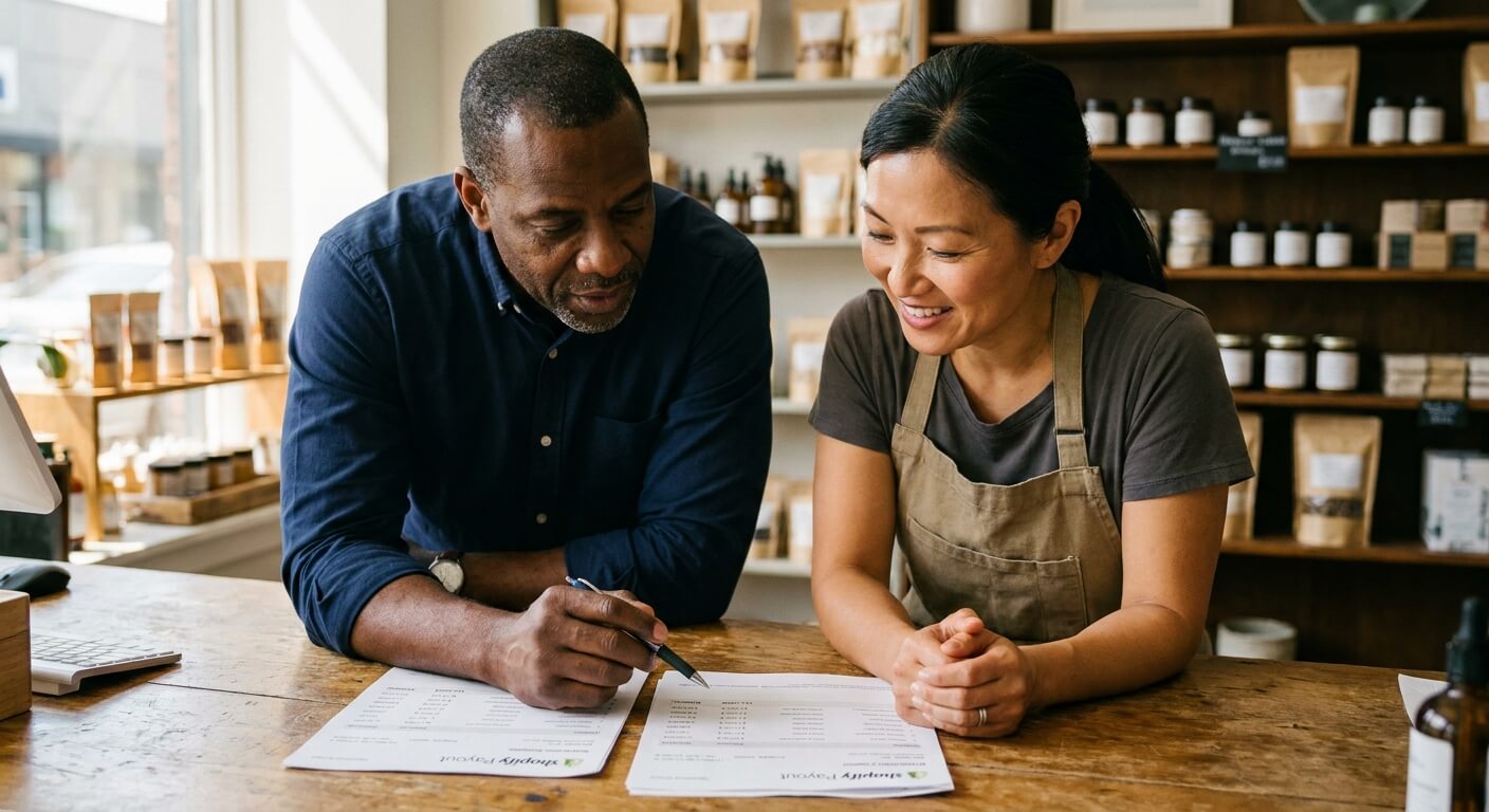A bookkeeper and shop owner reviewing a printed Shopify payout report together at the shop counter