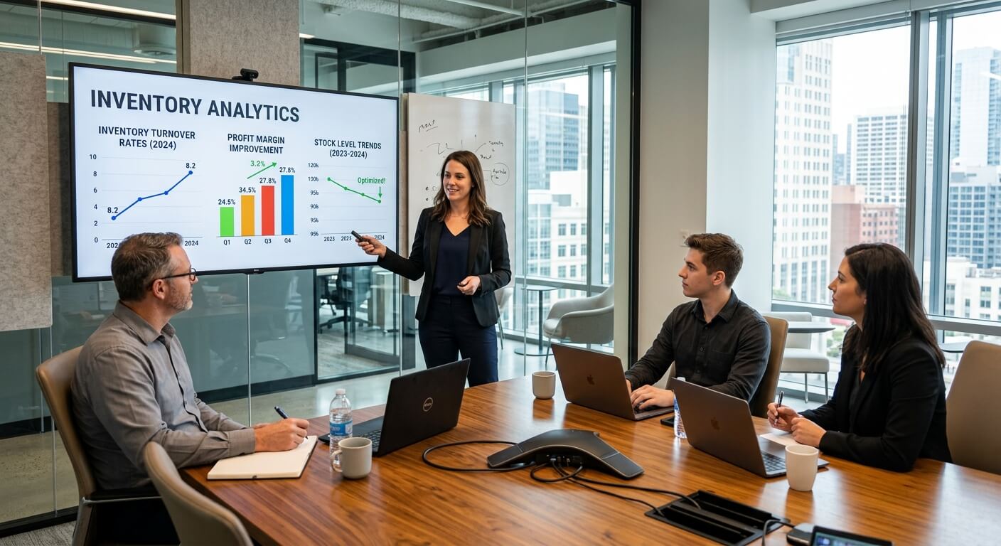 Presenter showing a wall screen with inventory turnover, profit margin and stock level charts to three colleagues around a boardroom table