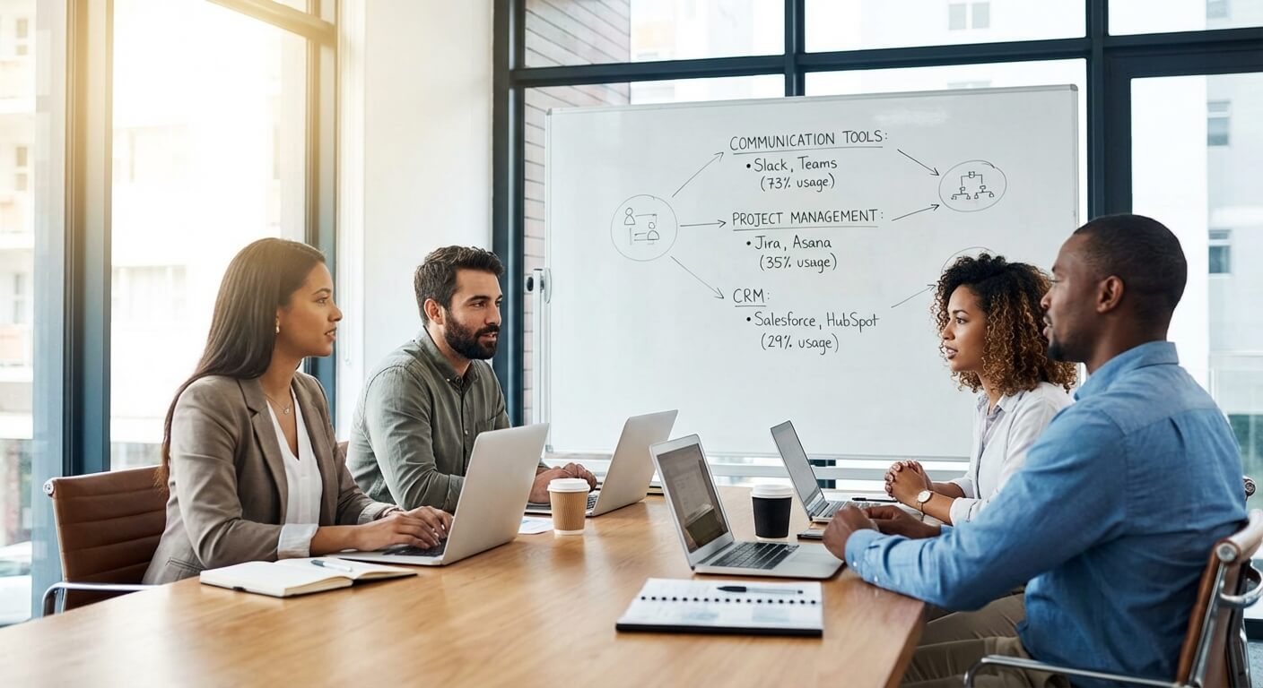 Team meeting around a conference table with a whiteboard listing communication, project management and CRM tools by usage