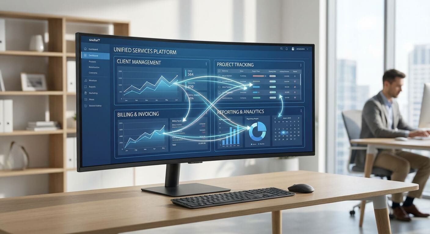 Widescreen monitor showing a unified services platform with panels for client management, project tracking, billing and invoicing, and reporting and analytics