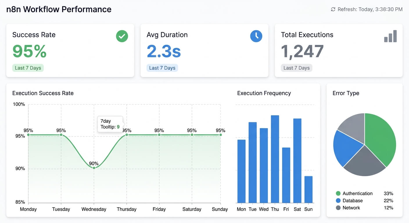 n8n Workflow Performance dashboard showing success rate, average duration and total executions over the last seven days, alongside execution frequency by day and a breakdown of error types